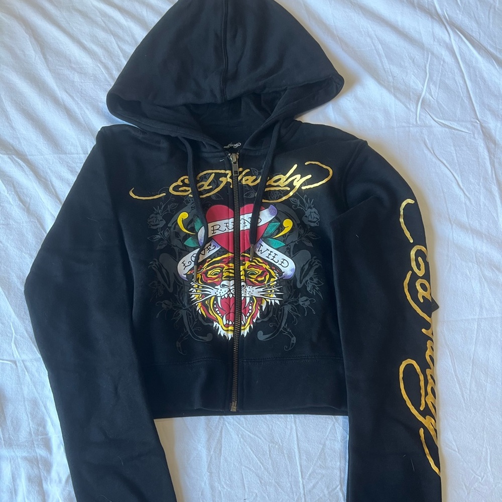 Ed Hardy Black and Gold cropped zip up hoodie